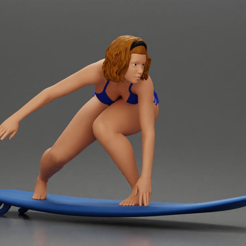 Confident surfer woman in a bikini, riding a wave on her surfboard