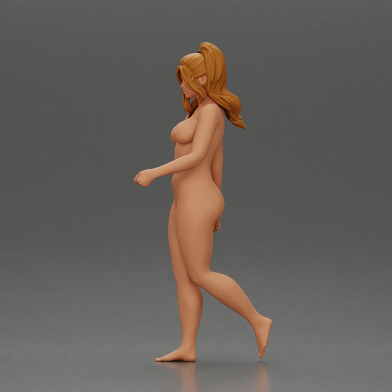 Naked girl walking with long hair