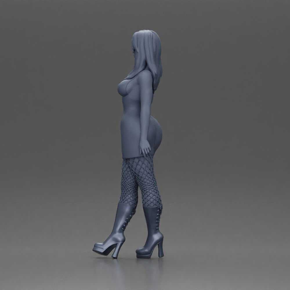 Stylish woman in black dress fishnet tights and boots - 3dgminiatures