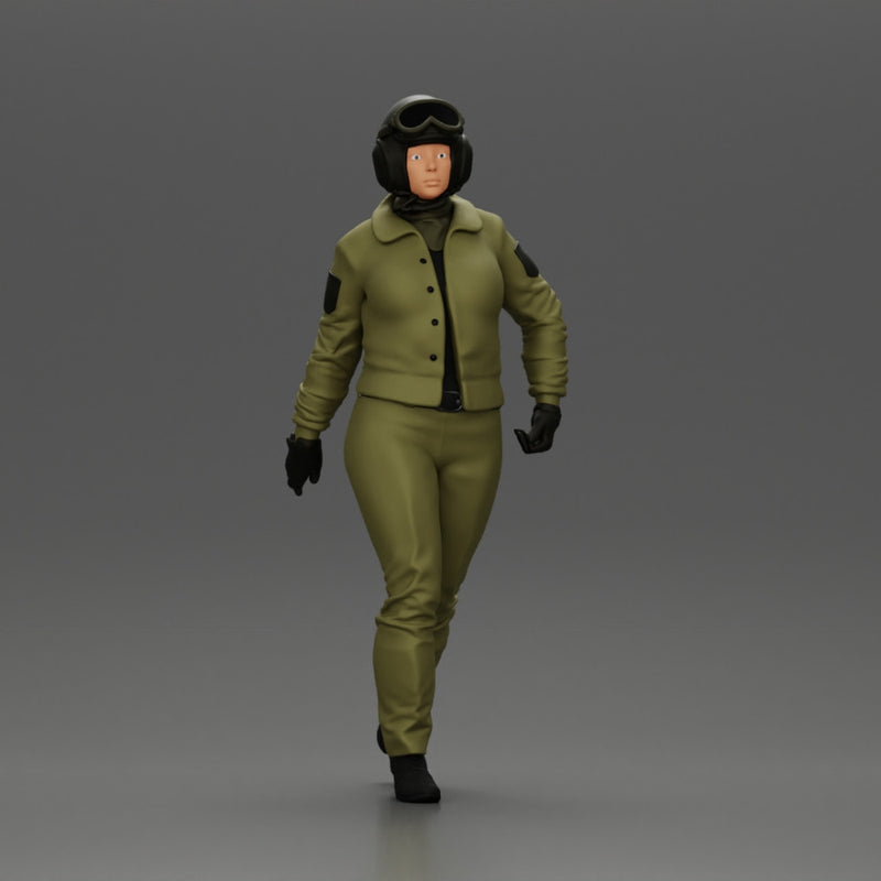 Pilot Woman Walking with Military Helmet and Emergency Shoulder Bag