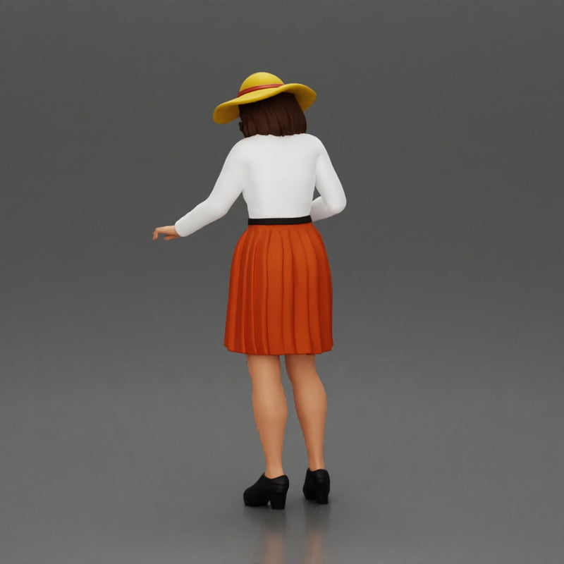 fashionable woman in hat and skirt is reaching for something