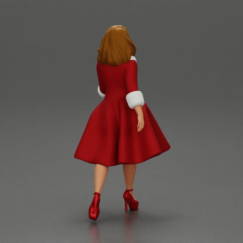 Festive Elegance Woman in Red Dress with Fur Trim