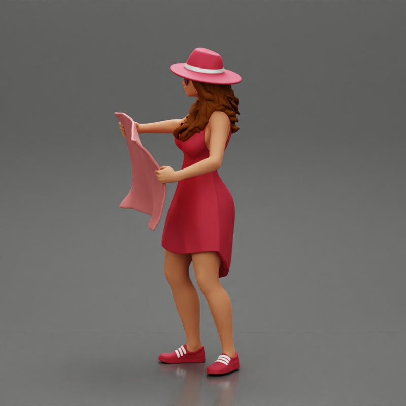 travel woman in hat and dress with sun glasses holding a map and looking to the map - Only-Games