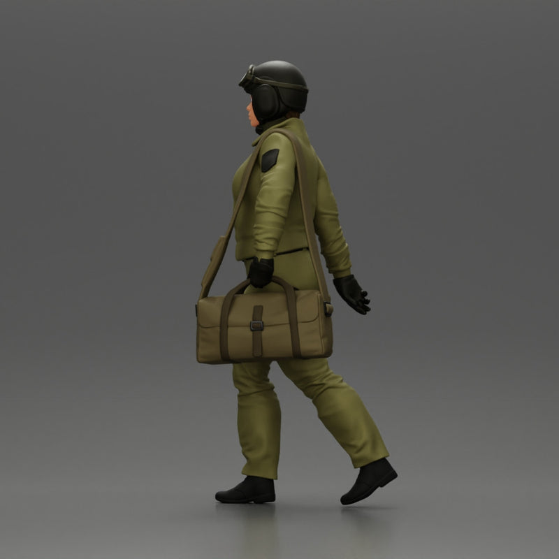 Pilot Woman Walking with Military Helmet and Emergency Shoulder Bag