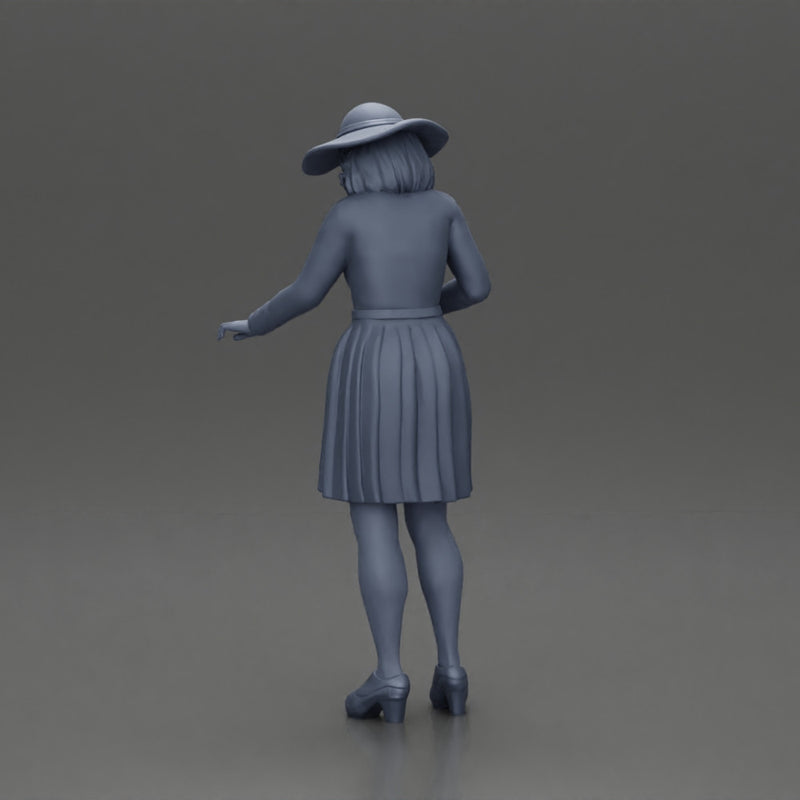 fashionable woman in hat and skirt is reaching for something