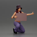 Young girl wearing a hat and pants sitting holding a sign and hitchhiking - Only-Games