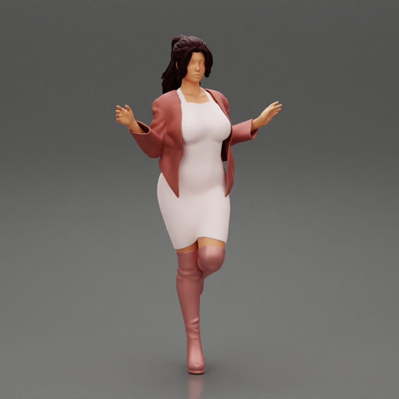 Beautiful Woman standing in one leg in mini dress and jacket - Only-Games