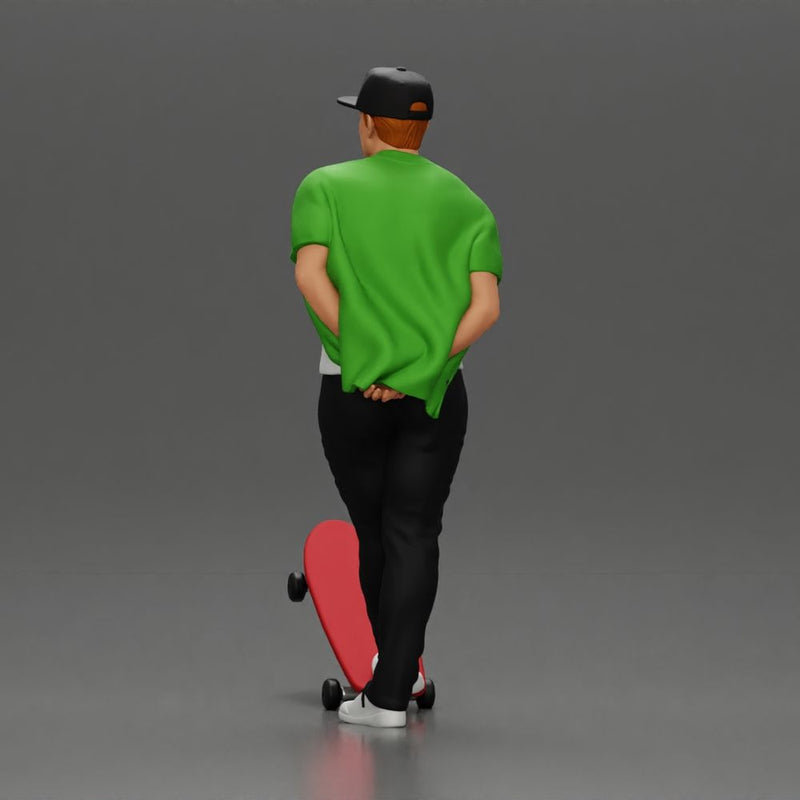 skater man leaning against the wall wearing a cap open shirt and banana bag