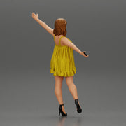 Happy Young Woman in dress and heels Standing on One Leg holding phone - Only-Games