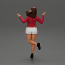 happy girl in a mini jacket and shorts, jumping on one leg - Only-Games