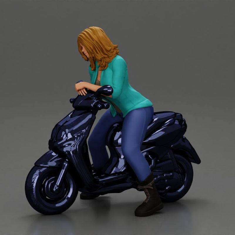 Girl sitting on a scooter, wearing an open jacket