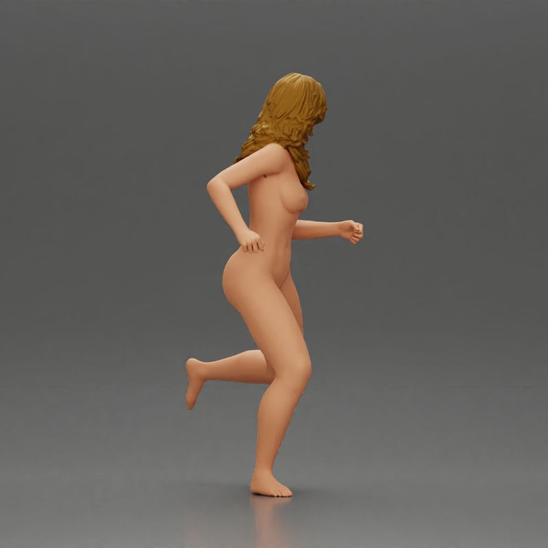 Naked Afraid woman running with a determined expression