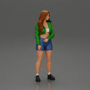 sporty happy girl standing in mini jacket and short with long hair - Only-Games