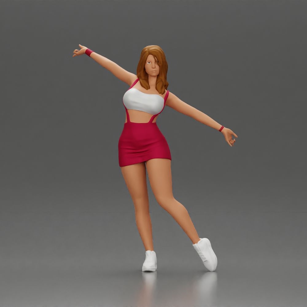 Dynamic woman striking a joyful pose in sporty red outfit ...