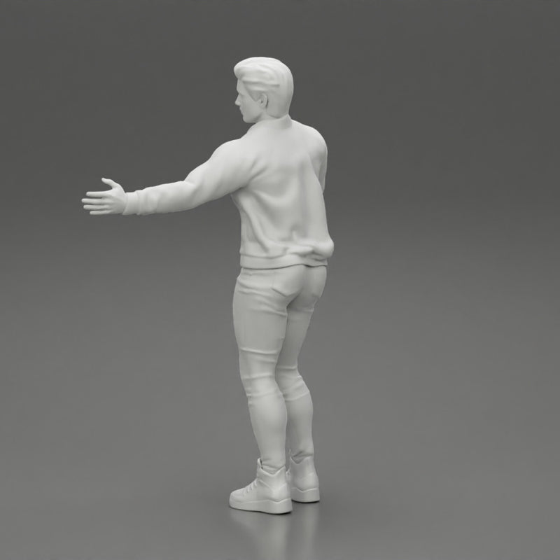young man standing and explaining with hands - Only-Games