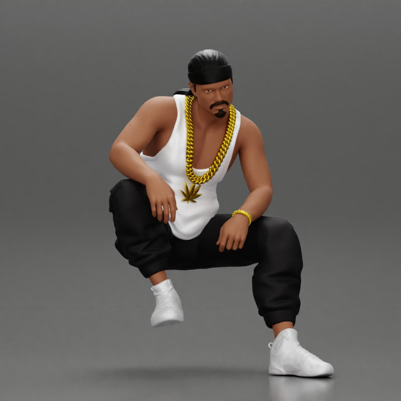 gangster homie in a gold chain and durag is sitting and thinking