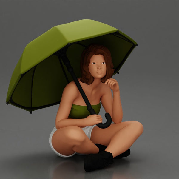 Pretty Girl with an Umbrella in bra and Shorts, Sitting