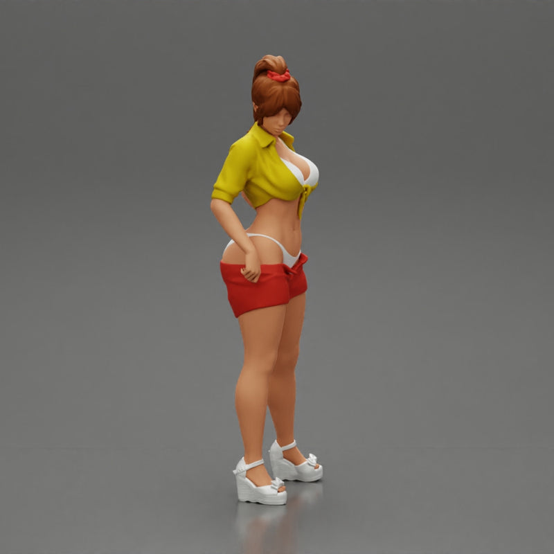 Sexy woman in bra and mini shirt undressing her shorts - Only-Games