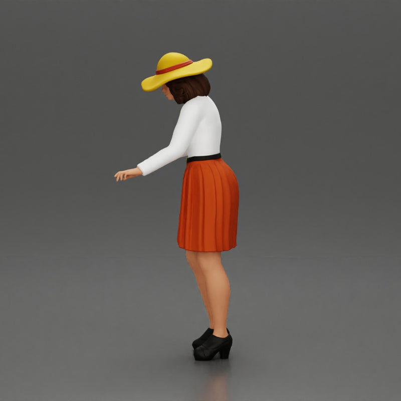 fashionable woman in hat and skirt is reaching for something