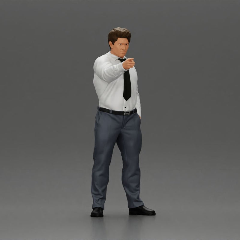 Serious businessman in a white shirt tie, and pants pointing with authority, hand in pocket