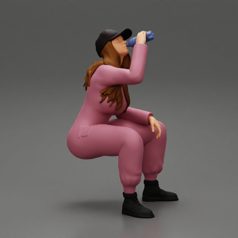 mechanic girl sitting and drinking water in suit and cap - Only-Games