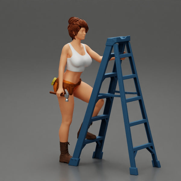 Young girl mechanic climbing the ladder