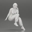 young woman sitting taking off her bib overalls - Only-Games