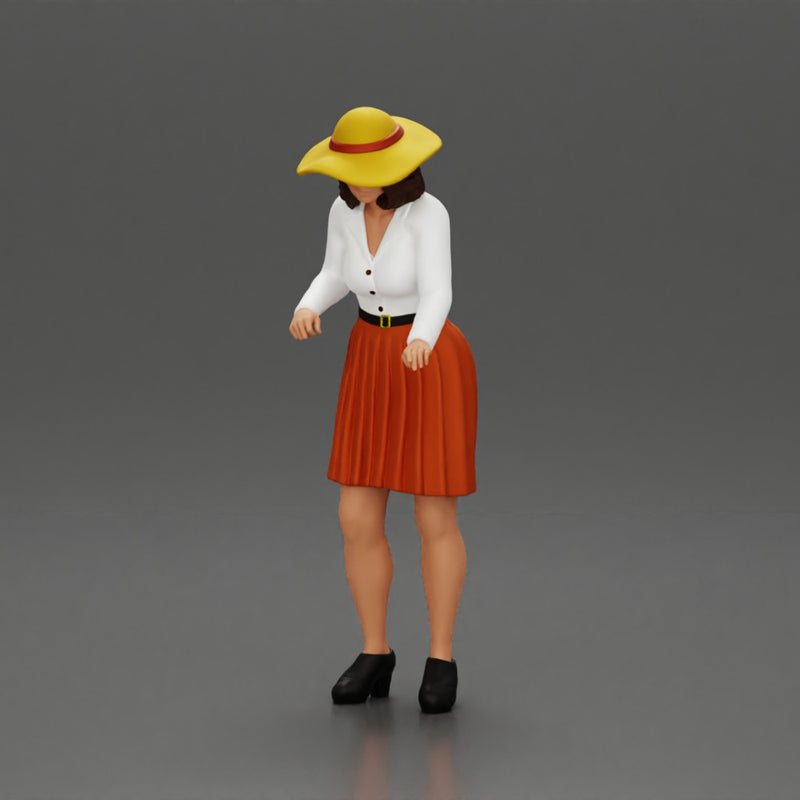 fashionable woman in hat and skirt is reaching for something