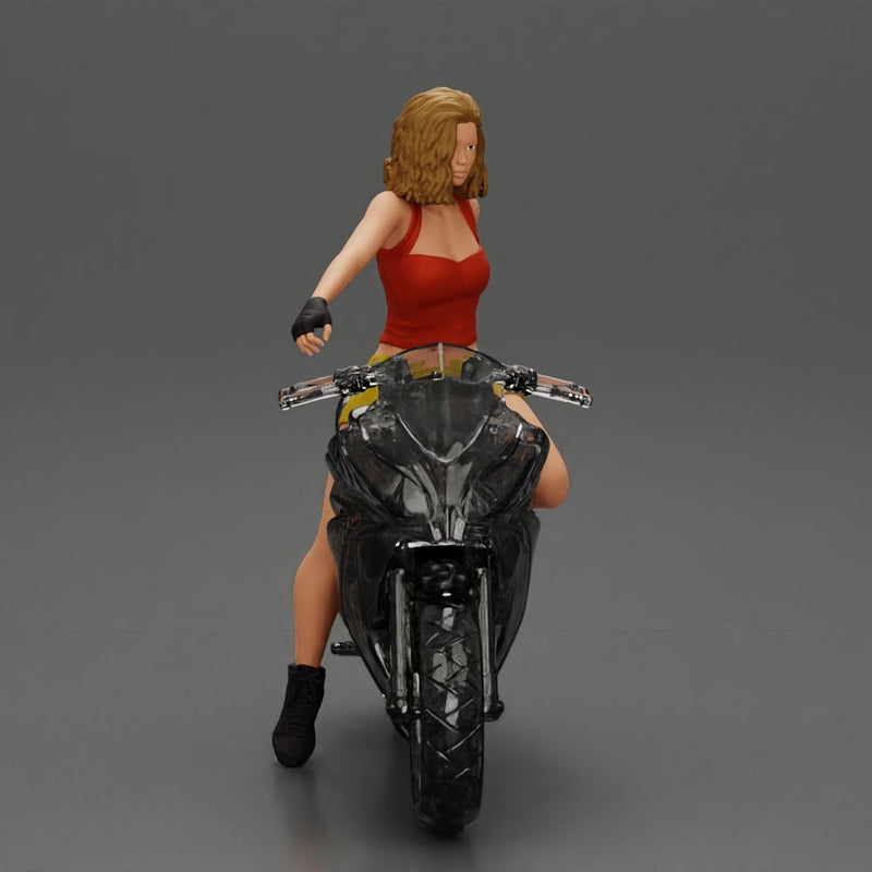 Sexy girl with short hair rides a motorbike in mini skirt