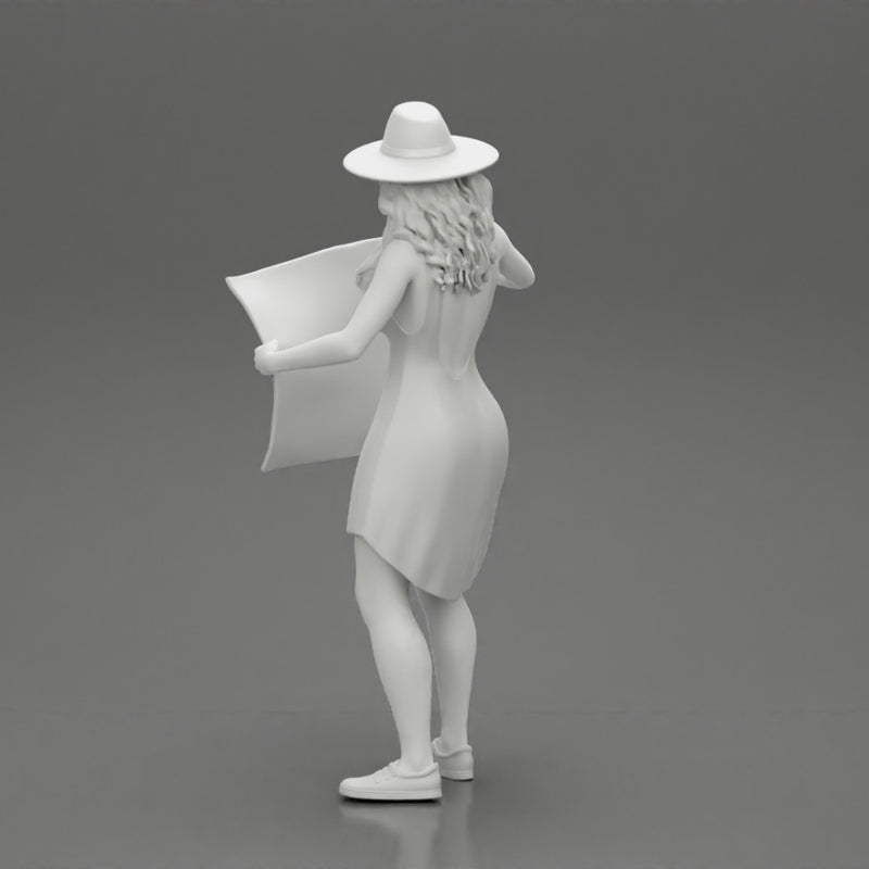 travel woman in hat and dress with sun glasses holding a map and looking to the map - Only-Games