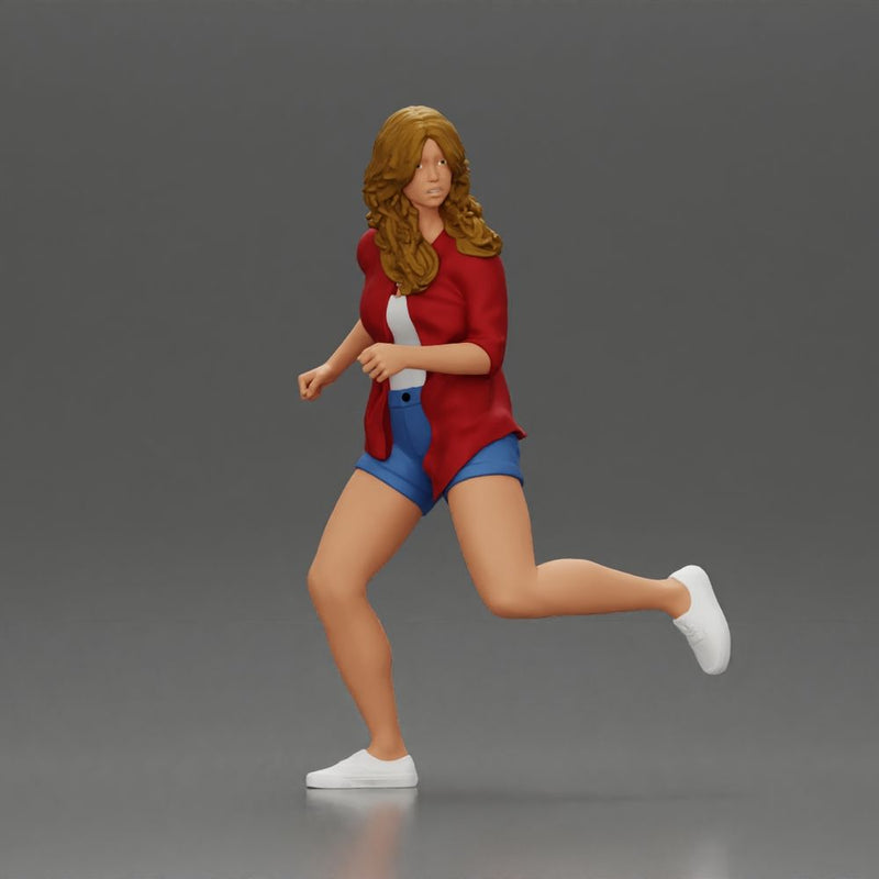 Afraid young woman running in an open shirt and shorts with a determined expression