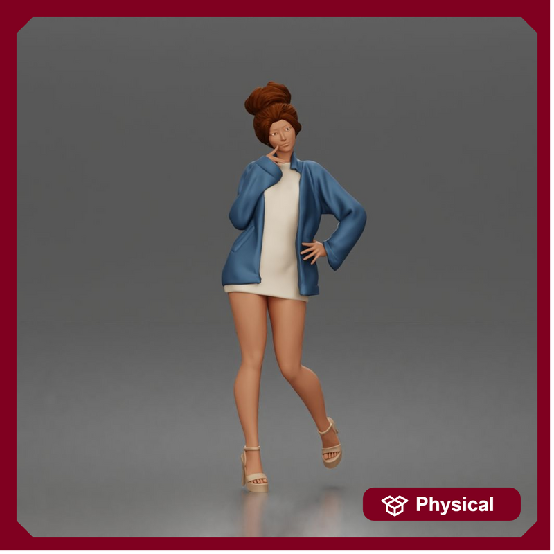 Elegant Woman Posing Confidently in Chic Jacket and Dress Outfit