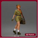 woman soldier walks carrying bag wearing uniform shorts cap gloves