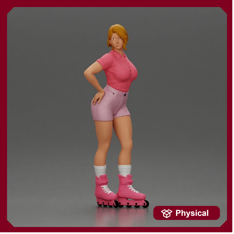 Roller skater strikes pose in pink shirt shorts and skates