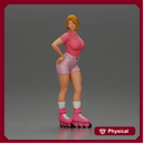 Roller skater strikes pose in pink shirt shorts and skates