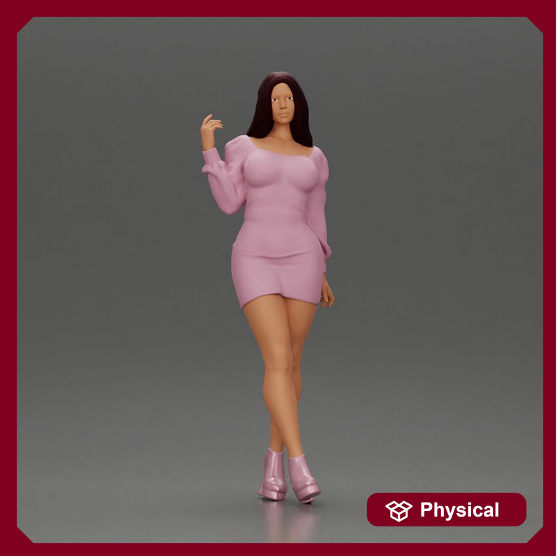 Elegant fashion model in pink mini dress and heels posing