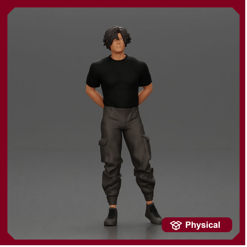 Man with messy hair wearing black shirt and cargo pants