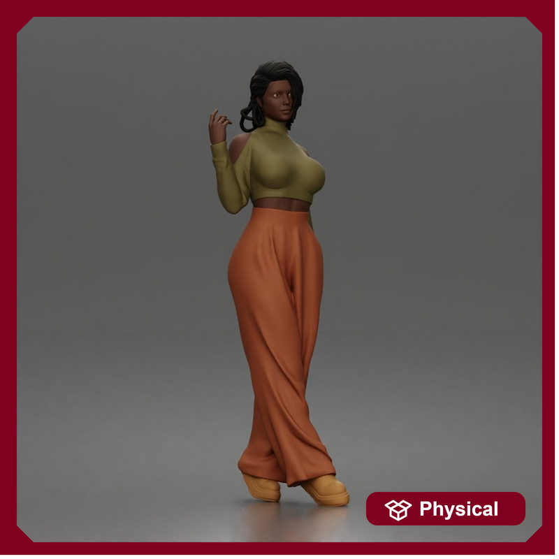 Confident woman flaunts cold shoulder crop turtleneck wide leg trousers
