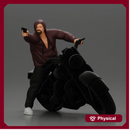 Hooded gangster man sits on motorcycle aiming a pistol with determination