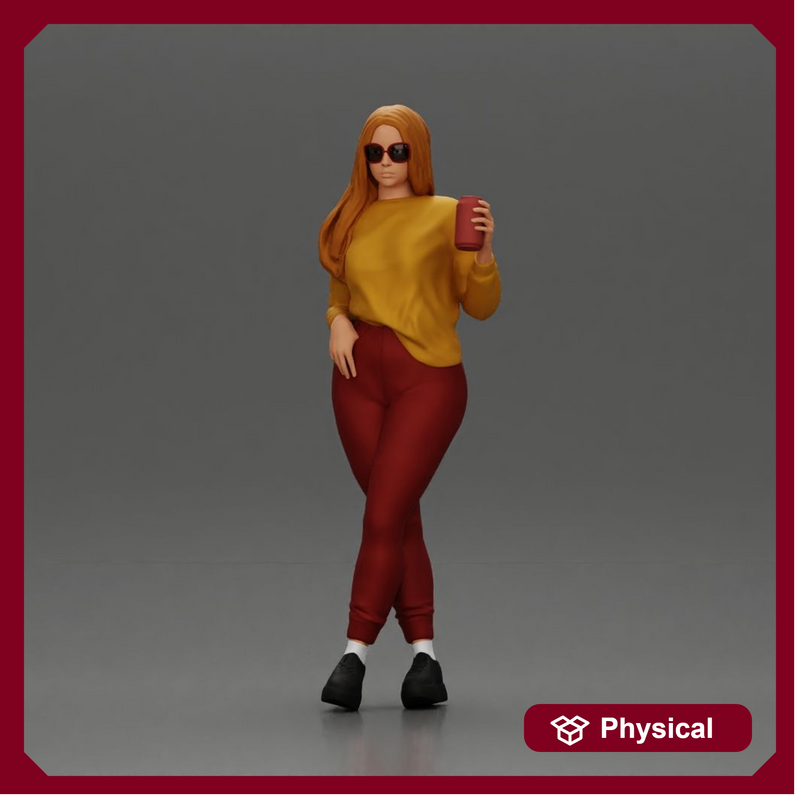 Confident Style in Yellow and Red, Holding a Drink with sunglasses