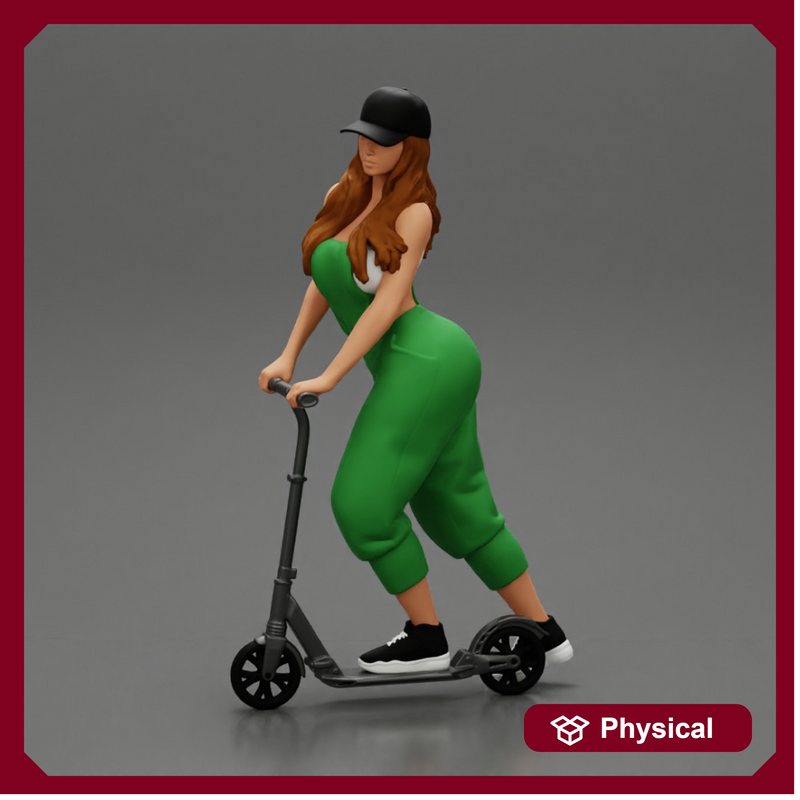 2 Sexy Woman Riding Electric Scooter At Parking Wearing overalls suit and cap