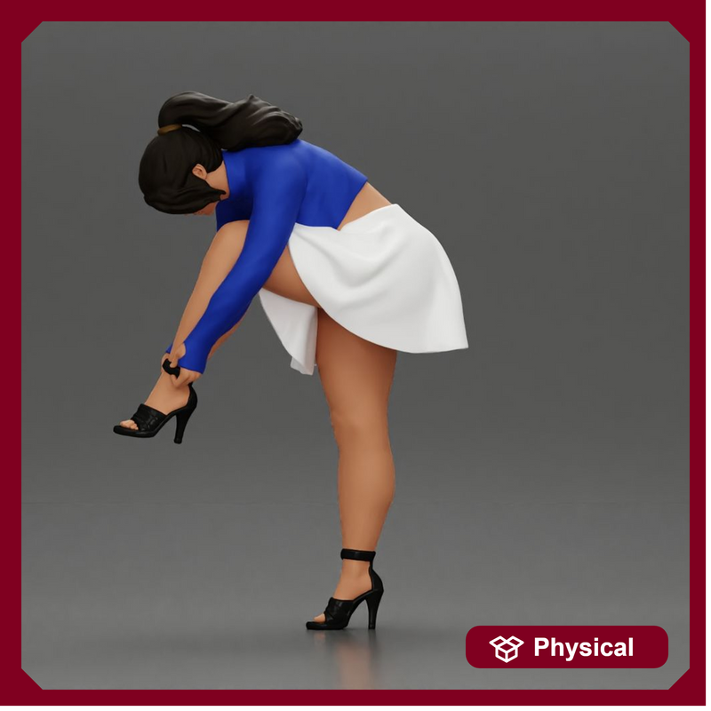 Young woman in skirt adjusts her elegant black high heeled shoes