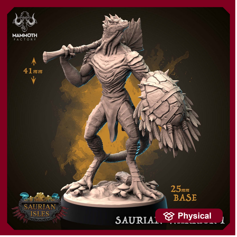 Lizardfolk Lizardman Warrior | 28mm, 32mm,75mm Scales | Dungeons and Dragons | Unpainted Figure | Mammoth Factory - Only-Games