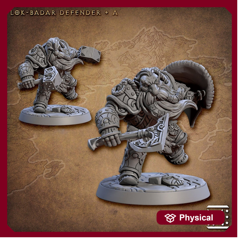 Male Fighter Dwarf  with Hammer & Axe, Dual Hammers and Helm | 28mm, 32mm, 54mm, 75mm Scale Miniature | Dungeons and Dragons | Artisan Guild - Only-Games