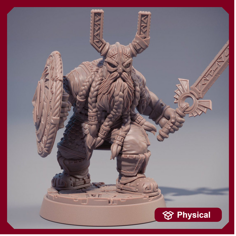 Dwarf Fighter Sword and Shield Miniature |  | Dungeons and Dragons | 28mm, 32mm,54mm, 75mm, 100mm Scales | Pathfinder | Figure for Painting - Only-Games
