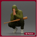 Gangster crouching low in green hoodie holding bat planning move