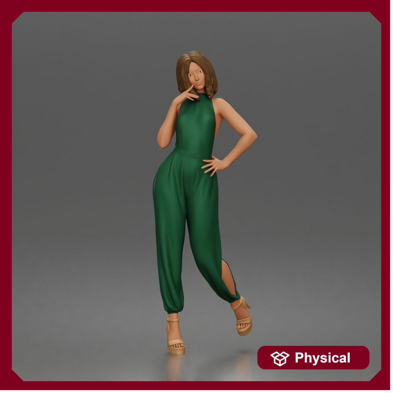 Woman poses thoughtfully lifting heel wearing halter jumpsuit with platform heels