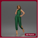 Woman poses thoughtfully lifting heel wearing halter jumpsuit with platform heels