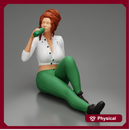 Tired woman mechanic in shirt pants sitting and drinking water during from bottle