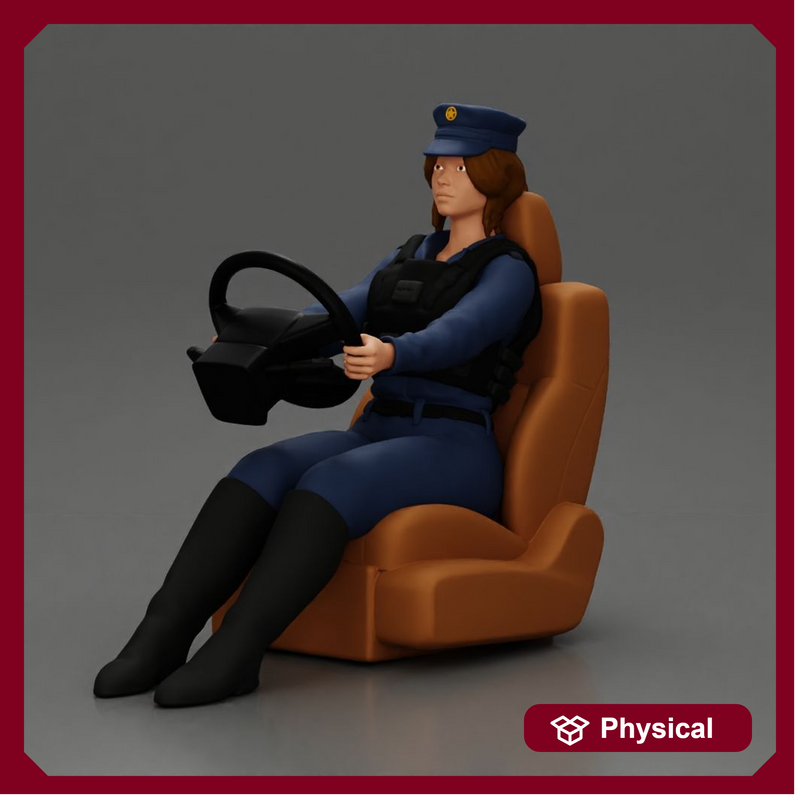 Focused officer in blue uniform driving seated holding steering wheel